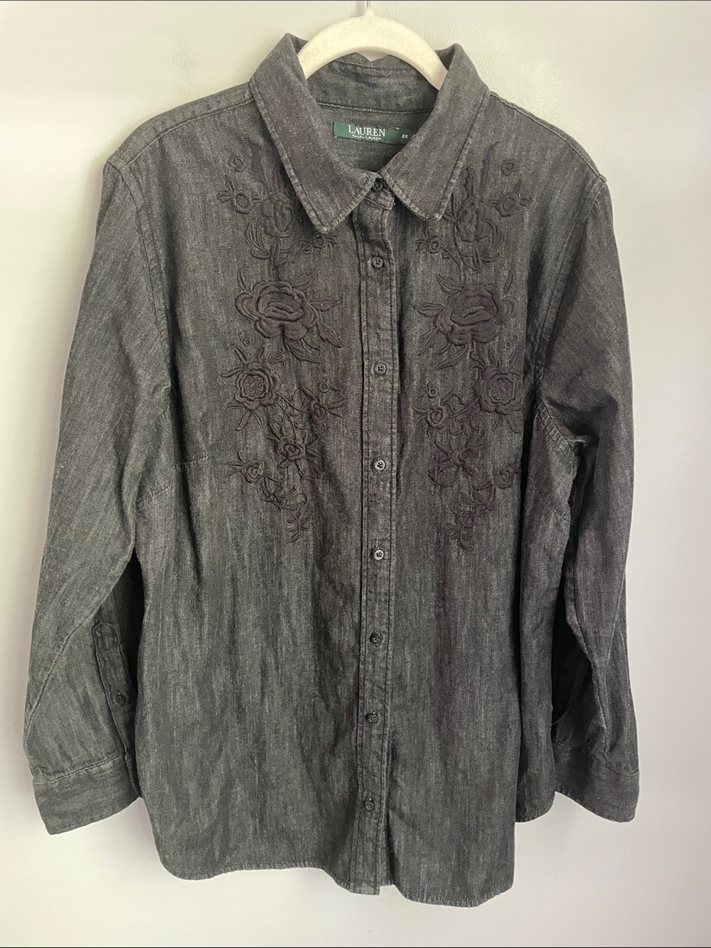 Lauren Ralph Lauren Black Denim Embroidered Button Up Shirt Plus Size 2X